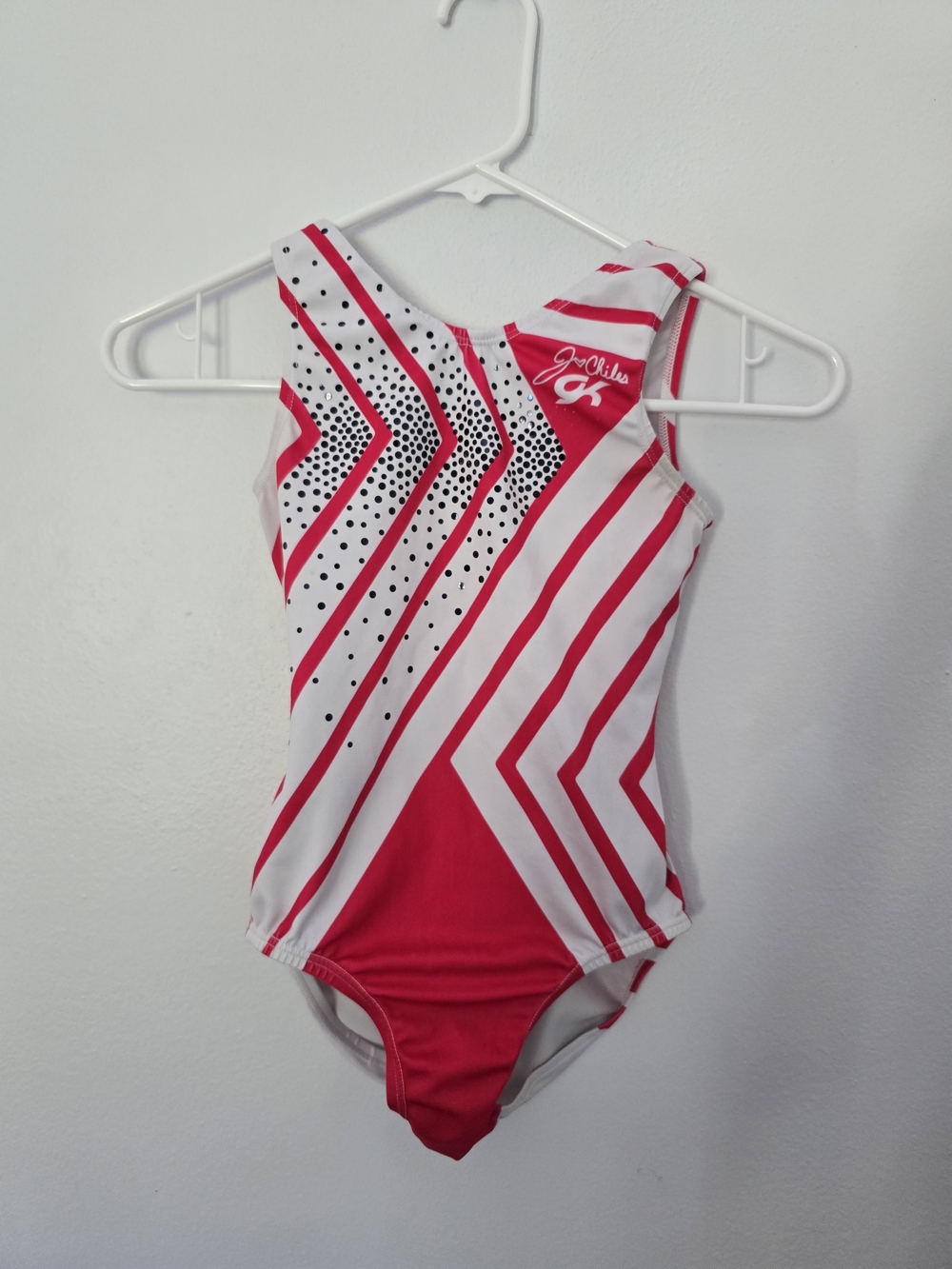 GK Elite Jordan Chiles Gymnastics Leotard Red and White Spangles Strappy Back CL